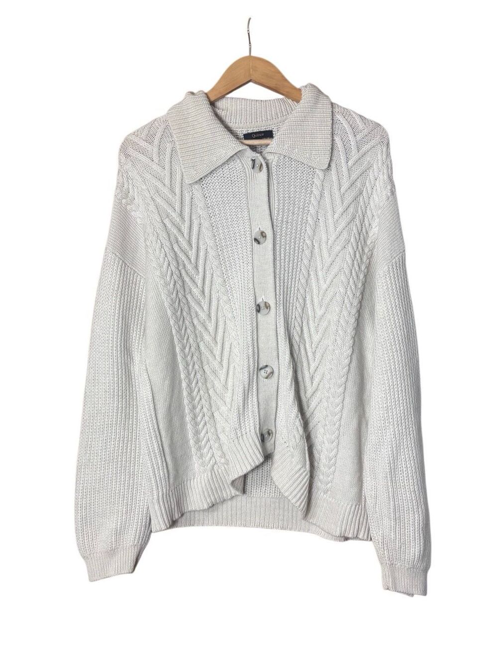 Quince Australian Merino Wool Collared Cable Cardigan sweater Heather bone small